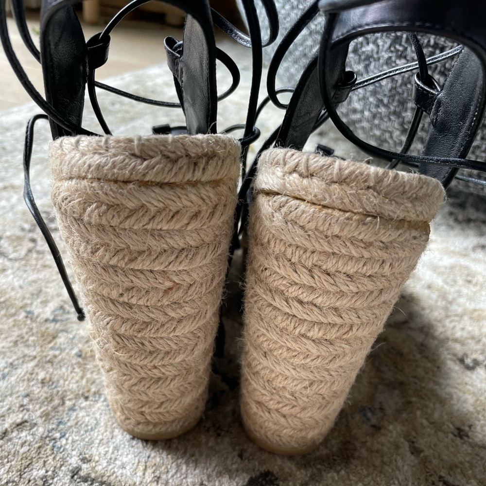 Saint Laurent Jute Wedges Black Nappa Leather Ankle Wrap Gladiator 37.5 EUC - Picture 6 of 9